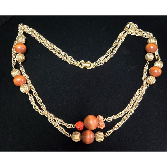 Vintage Coro Double-Strand Goldtone Wood and Coral Beaded Long Station Necklace - Picture 1 of 6